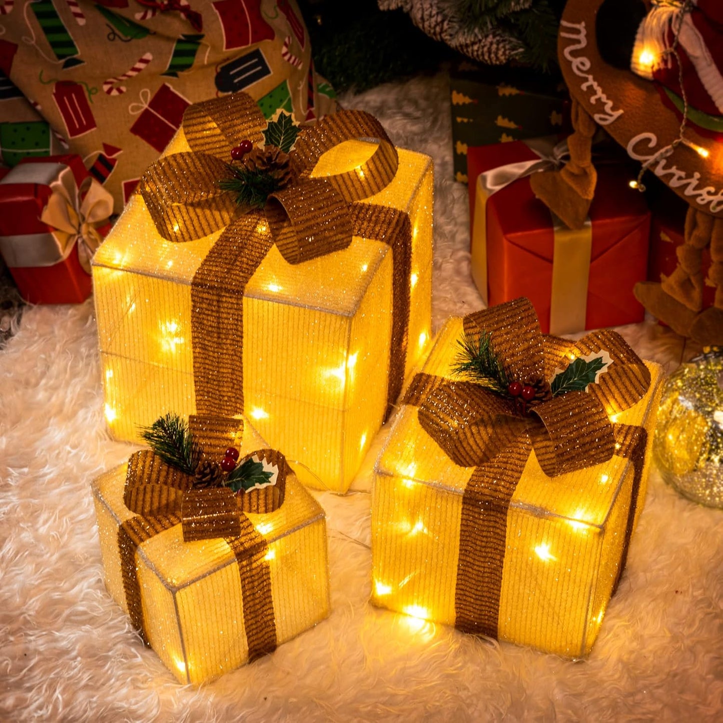 3er-Set LED-Weihnachts-Geschenkboxen, Golden