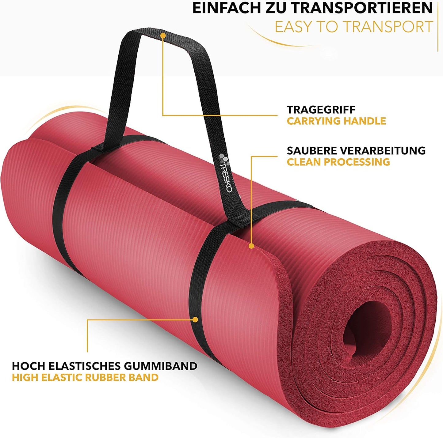 Rutschfeste Yogamatte mit Tragegurt, Rot 185 x 60 x 1,0cm