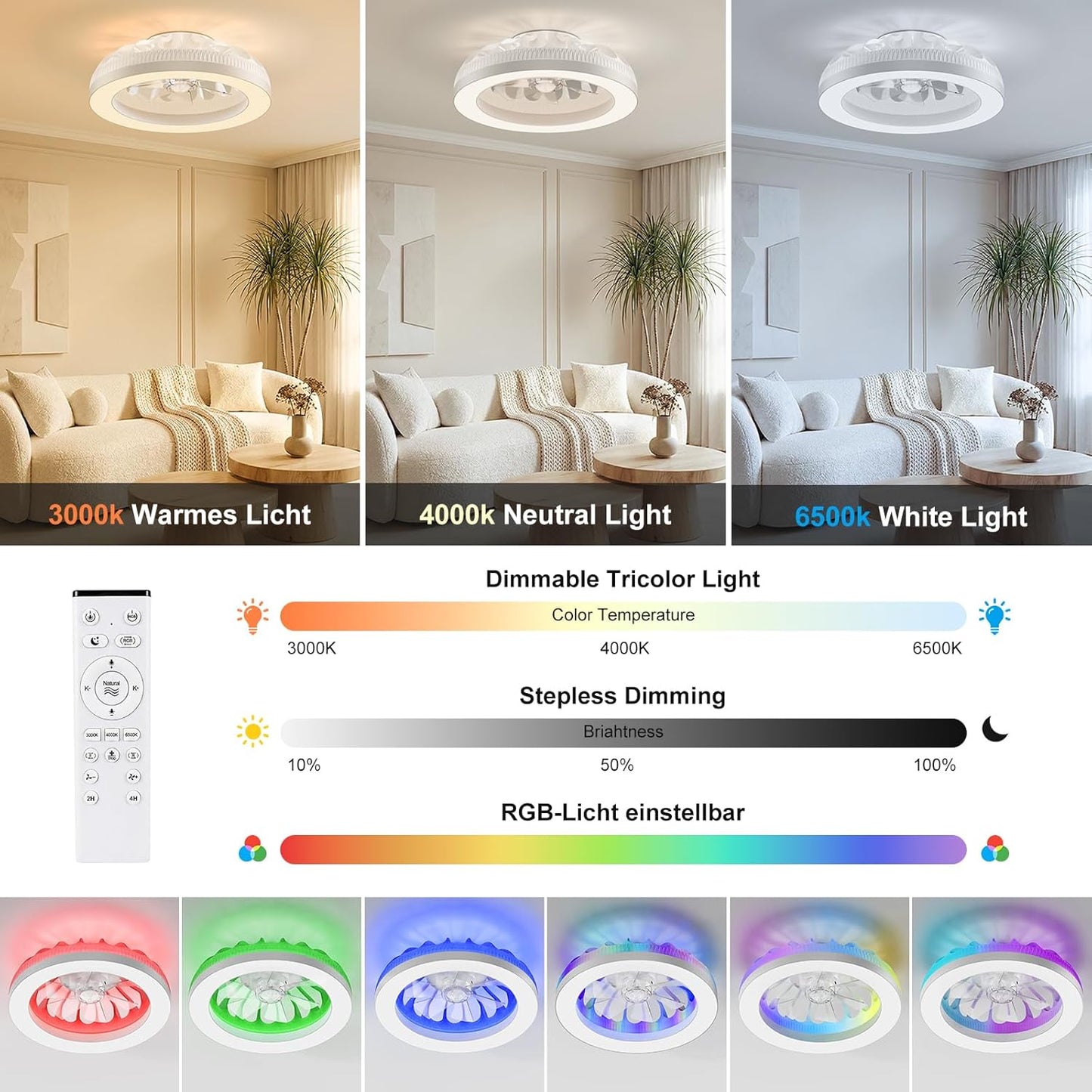 Deckenventilator mit Licht und Fernbedienung, Weiss(3cct+rgb)