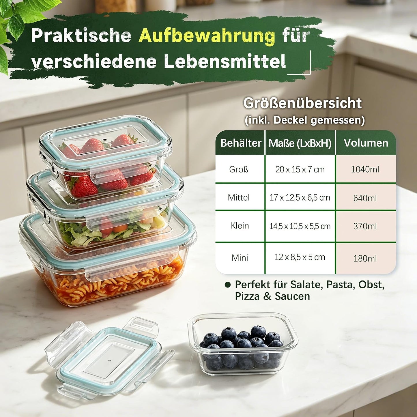 Glas-Frischhaltedosen 4er Set (versch. Grössen), 4er Set – 180ml + 370ml + 640ml + 1040ml