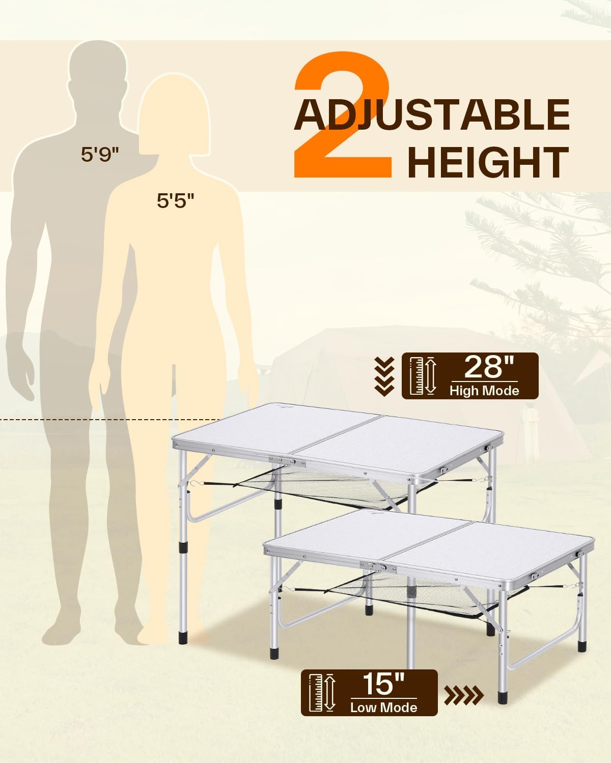 Klappbarer Campingtisch, Weiss 90*60cm(2 Höhe)