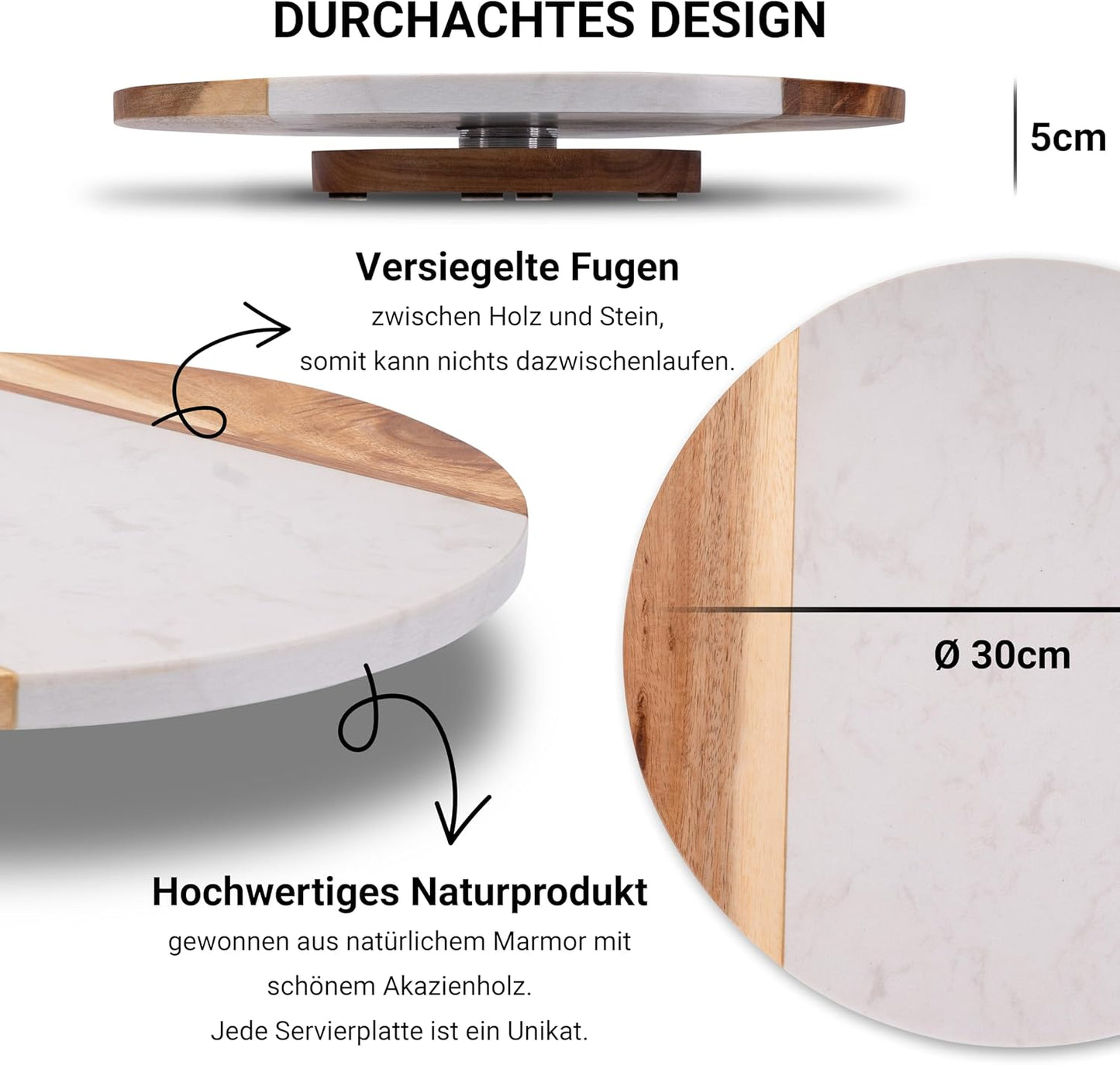 Drehbare Tortenplatte, Marmor mit Akazienholz