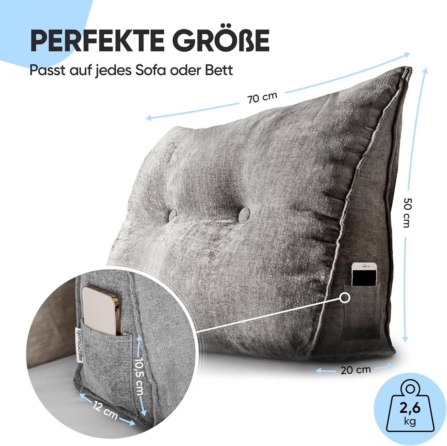 Lesekissen mit abnehmbarem Bezug und Seitentasche, Grau 70 cm