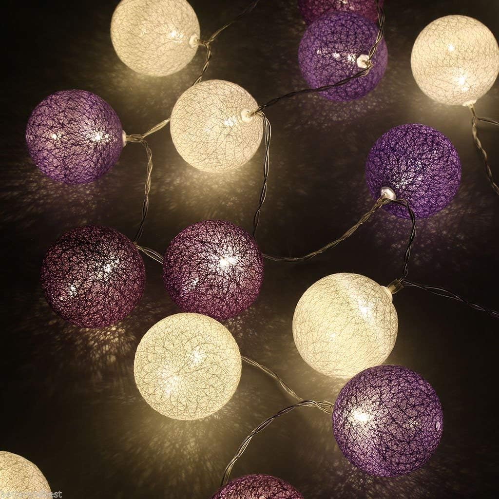 LED-Lichterkette mit 20 Baumwollkugeln, Lila Batterie