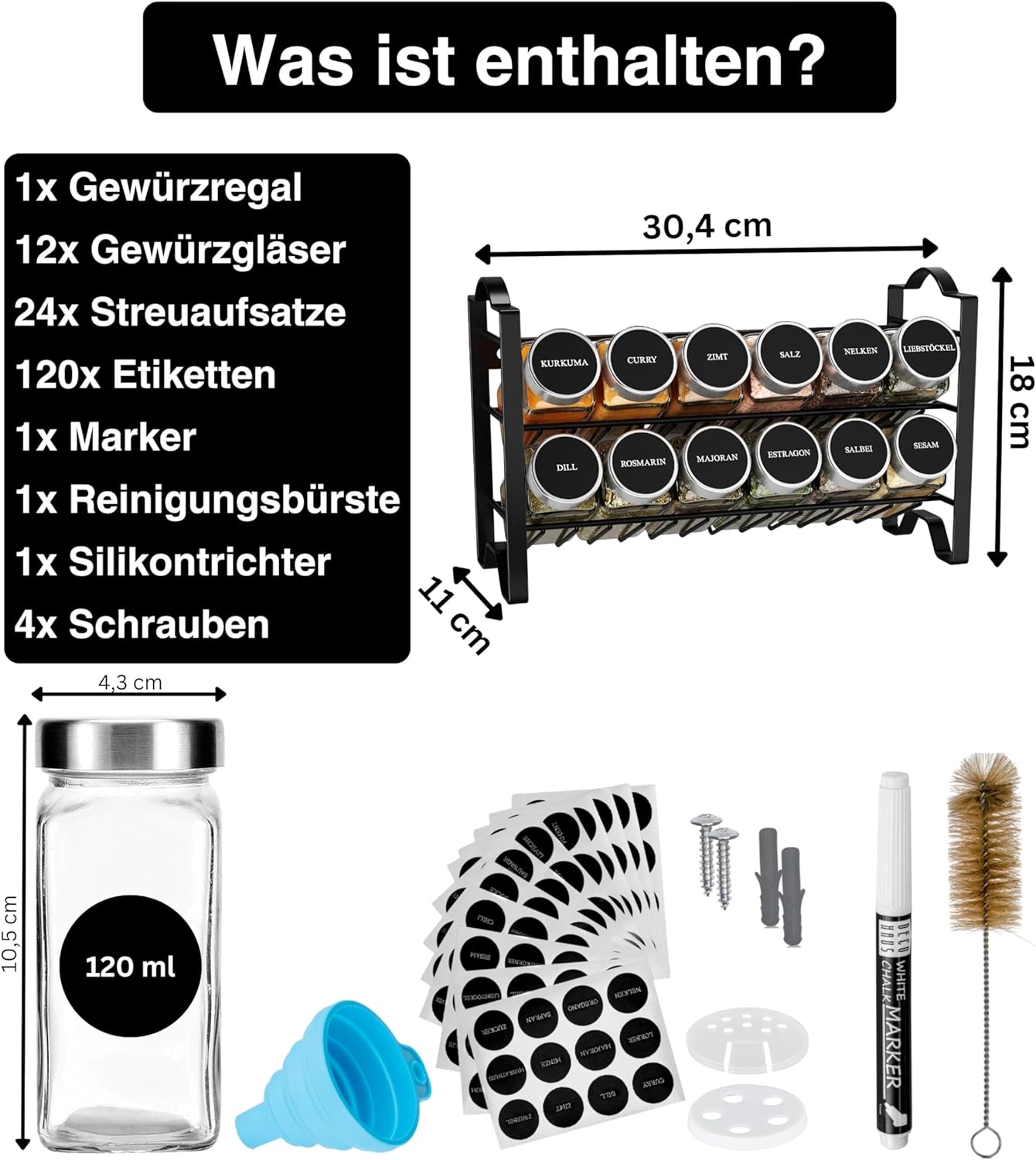 Gewürzregal mit Gewürzgläsern, Farbe: 12 Set - Schwarz, Deckel Edelstahl