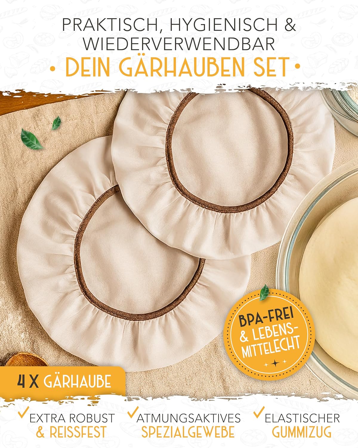 4er-Set Abdeckhaube für Gärkörbe, 40 x 40 x 15 cm