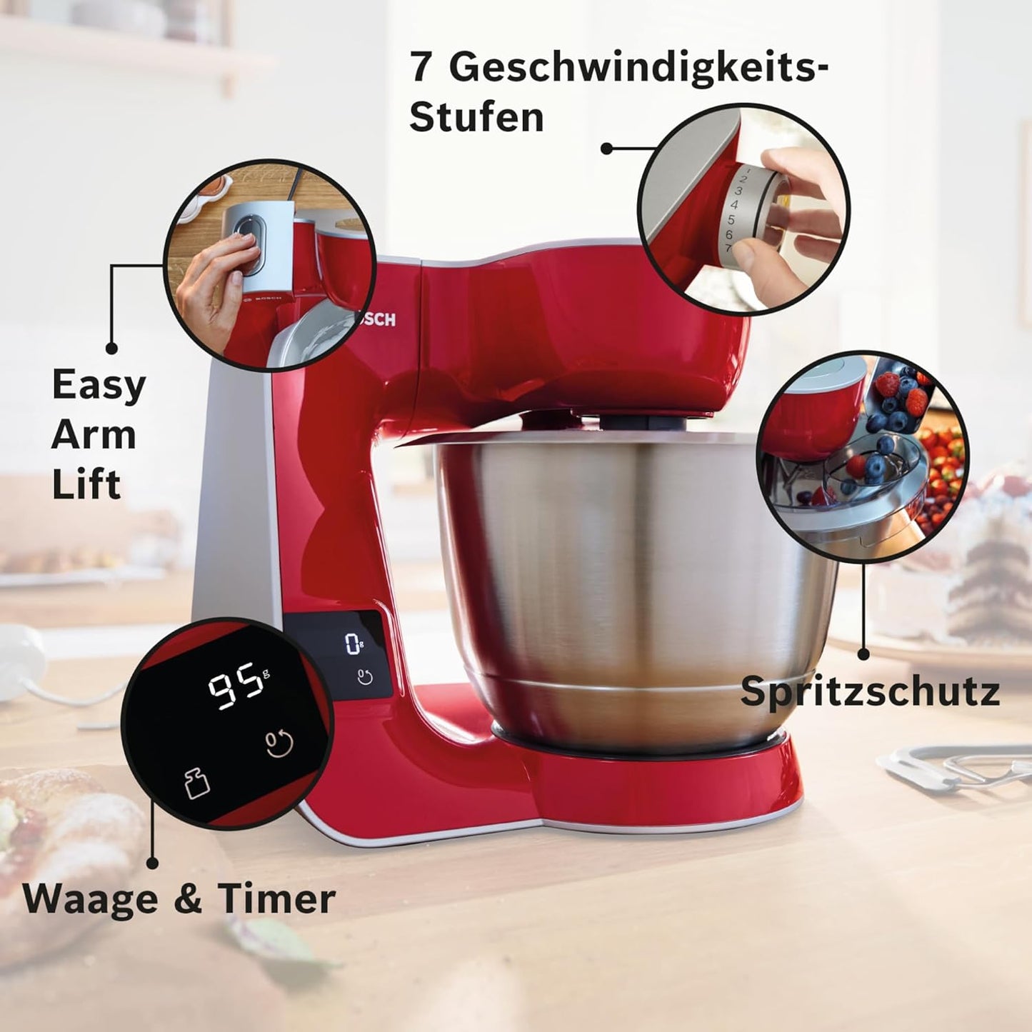 Küchenmaschine MUM5 mit Waage und Zubehör (1000 W), Dunkelrot / Silber 2 Zubehöre Single