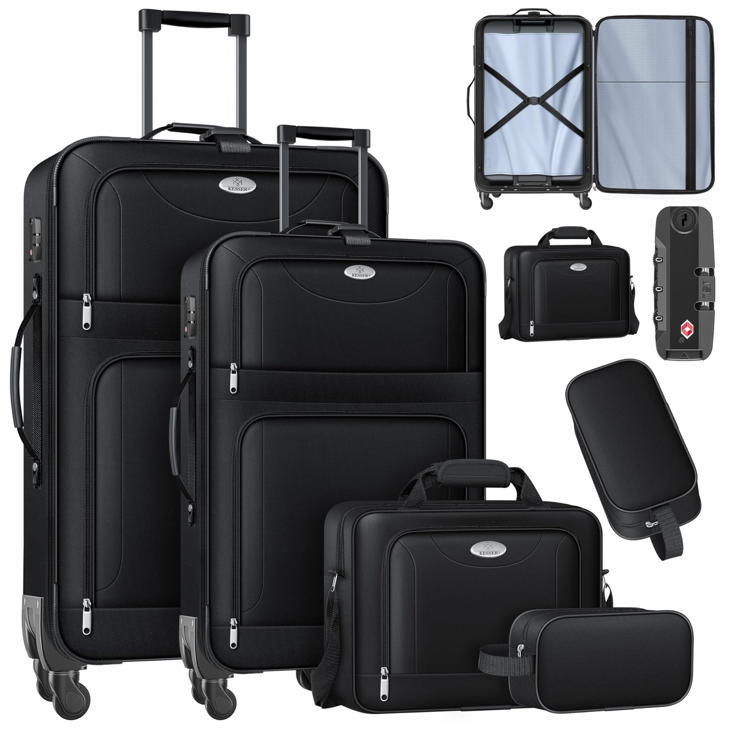 Reisekoffer Set 4-teilig mit TSA-Schloss & Rollen, Schwarz