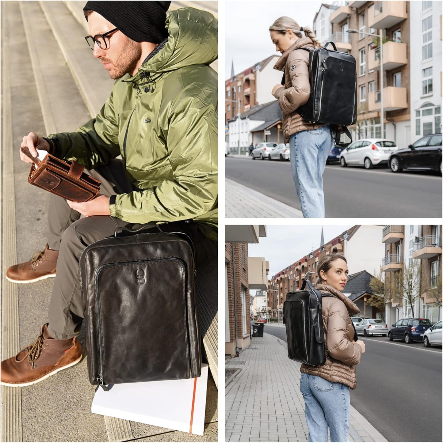 Lederrucksack mit Organizer-Fach, Schwarz