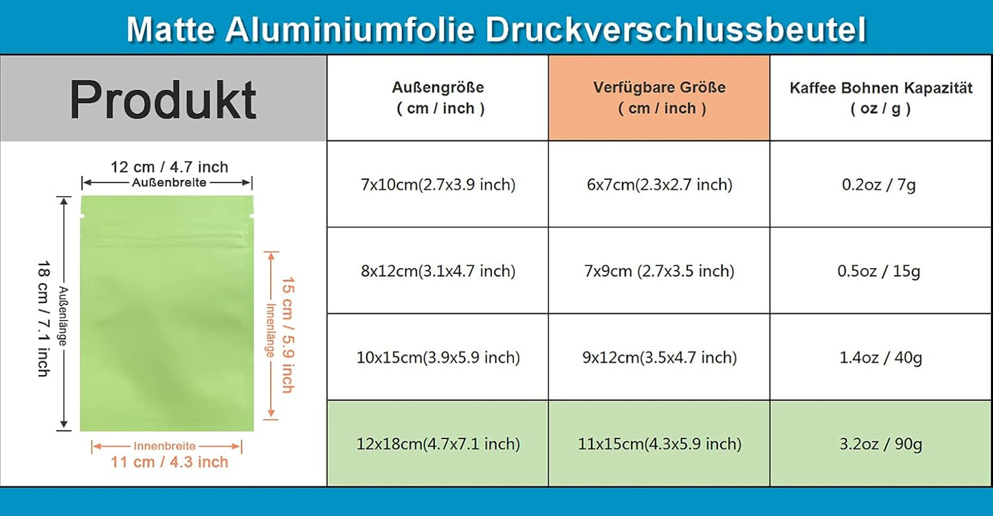 100 Stück Aluminiumfolie Verpackung, 12x18cm (4.7x7.1 inch) Matt Grün