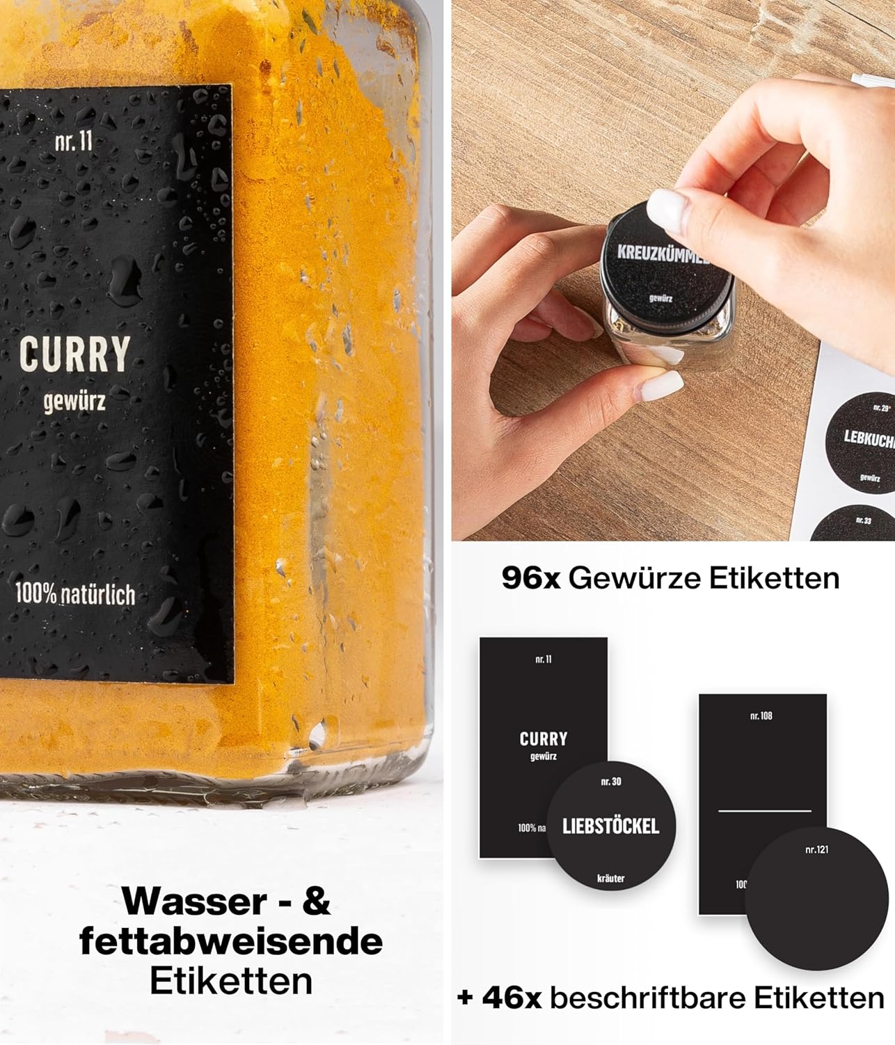 Gewürzgläser-Set mit Schraubkappe, 12 Stk., Deckel Alu, Schwarz