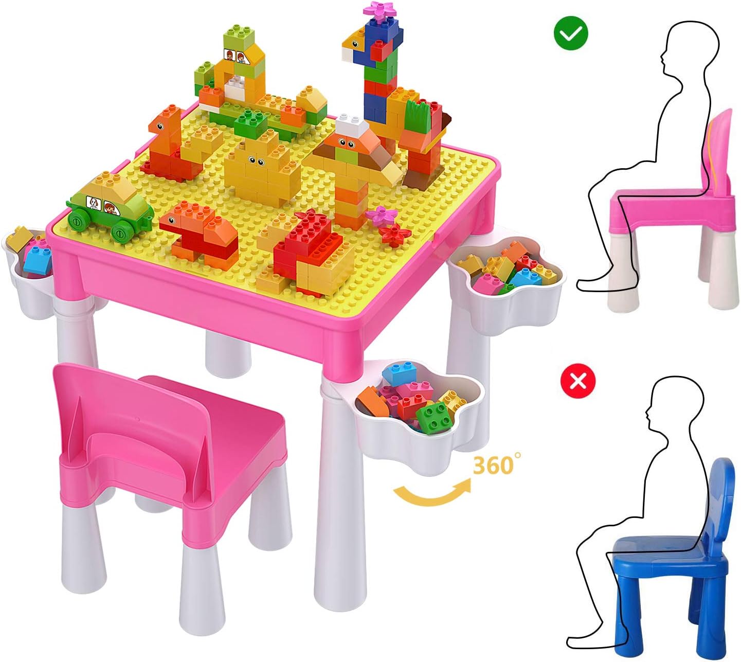 Kindertisch-Set mit Bausteinen, Rosa