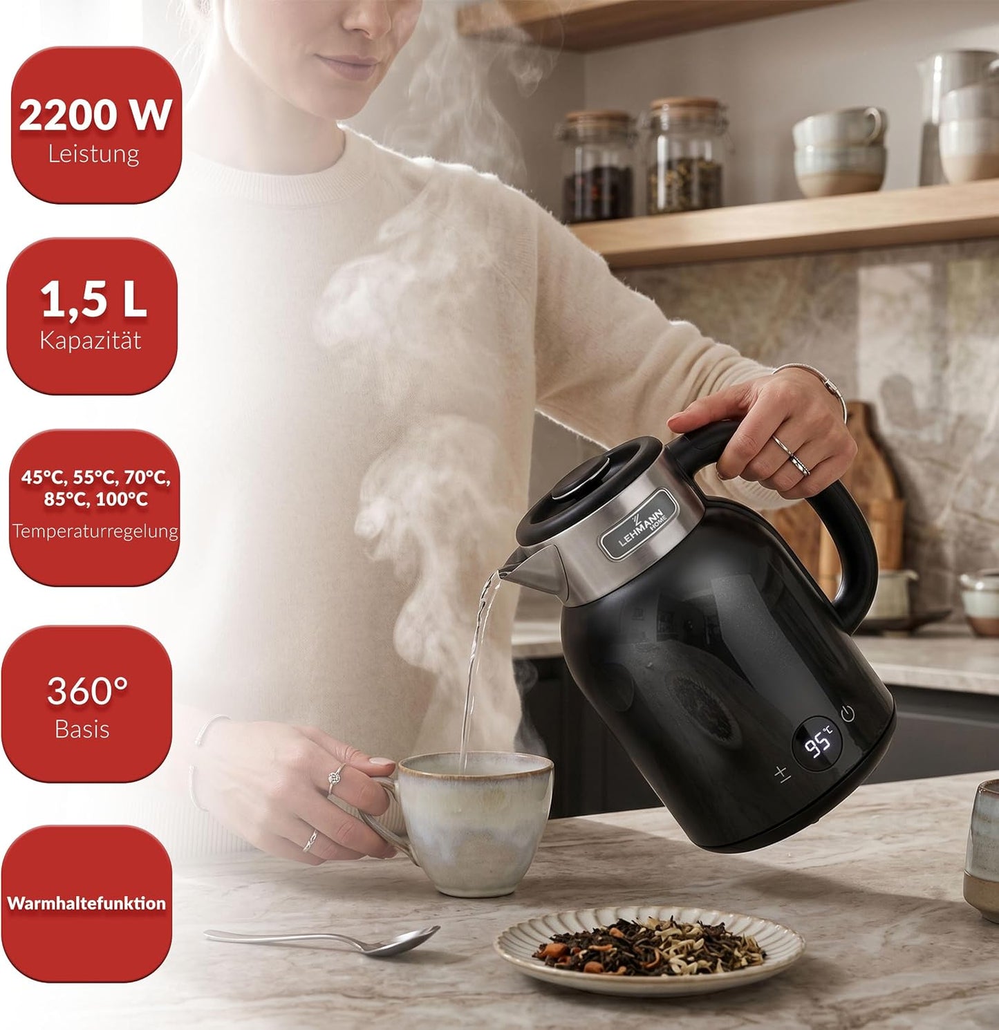 Wasserkocher mit Temperatureinstellung, Schwarz