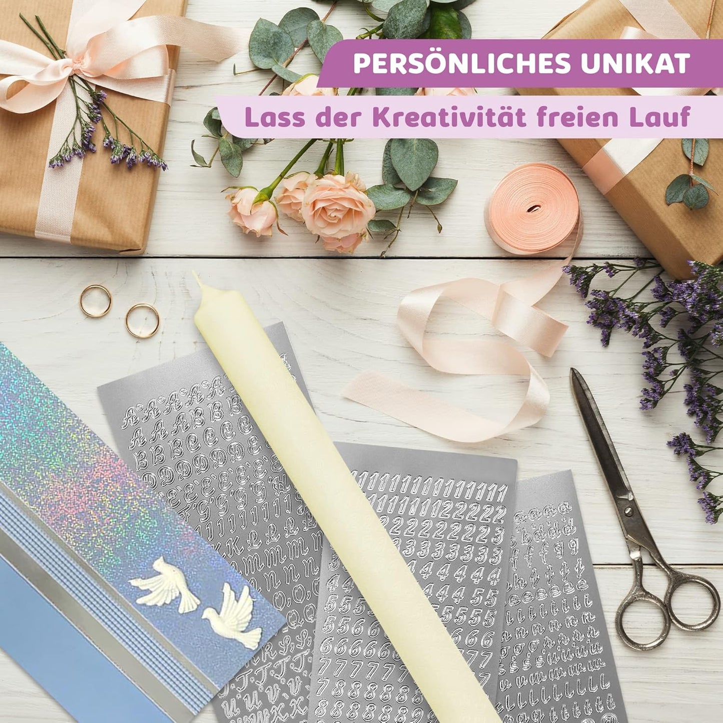 Kerzen-Rohling Set zur individuellen Gestaltung, Blau mit Taube Kerze 40x4 cm | Creme