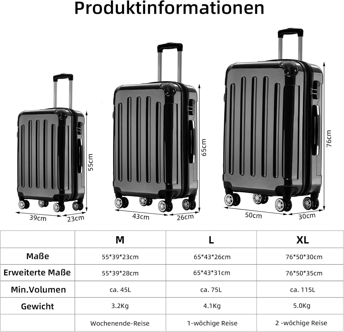 Hartschalen Trolley Koffer mit 4 Zwillingsrollen (76cm), Schwarz 76cm -110L