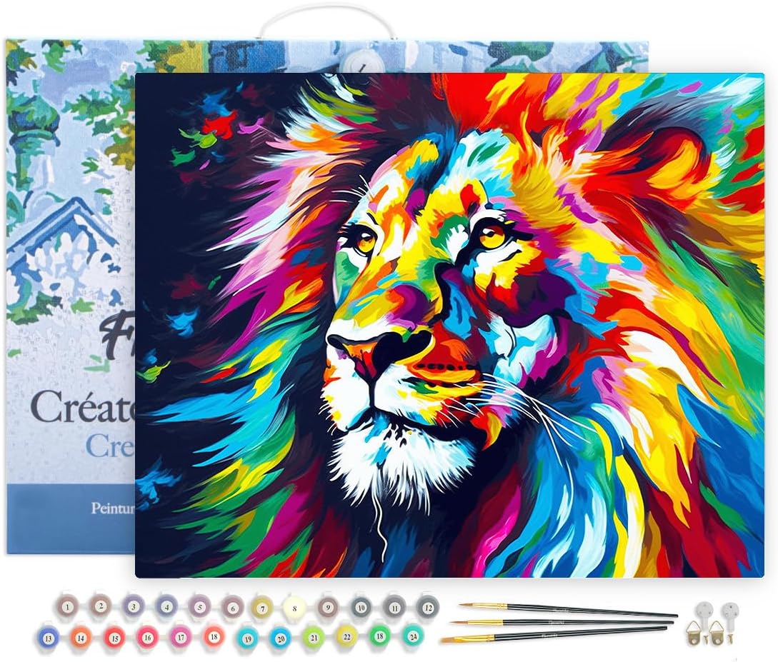 Malen nach Zahlen Set mit Rahmen Löwe Farbenfroh Abstrakt, Löwe Farbenfroh Abstrakt 40x50cm Mit Rahmen (bereits gespannt)