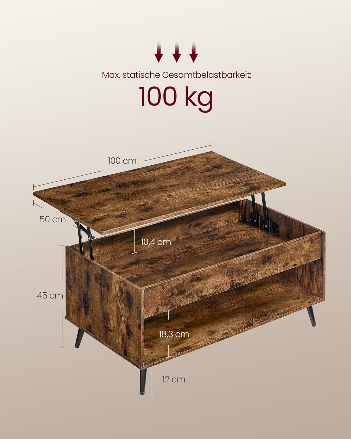 Höhenverstellbarer Couchtisch mit Stauraum, Vintagebraun + Mattschwarz Ohne Schubladen