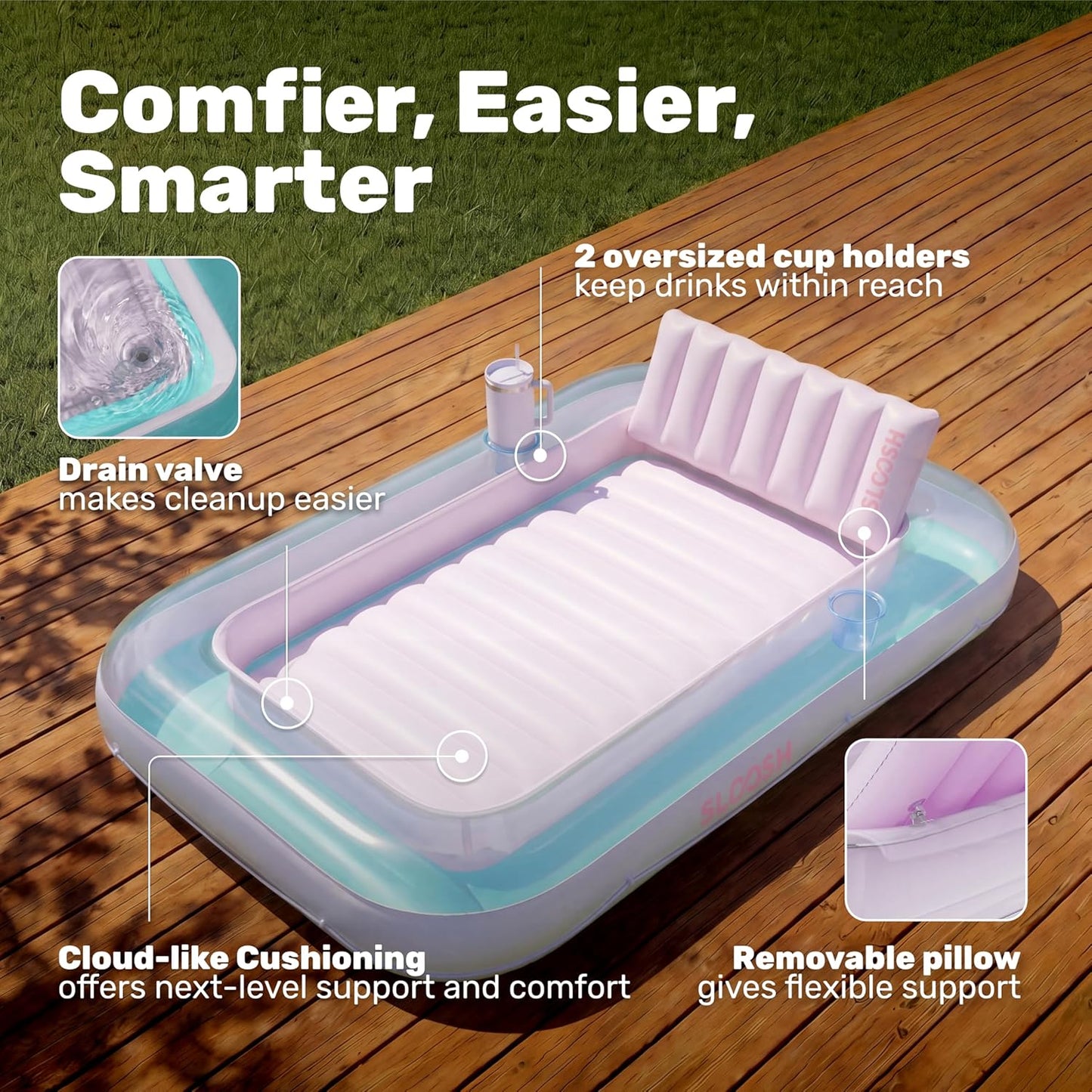 Aufblasbarer Sonnenpool mit abnehmbarem Kissen und Getränkehalter, Cyan-Rosa XL
