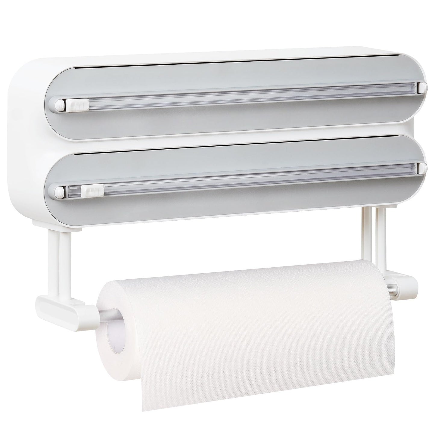 3-in-1 Frischhaltefolienspender mit Folienschneider und Küchenrollenhalter, Weiss