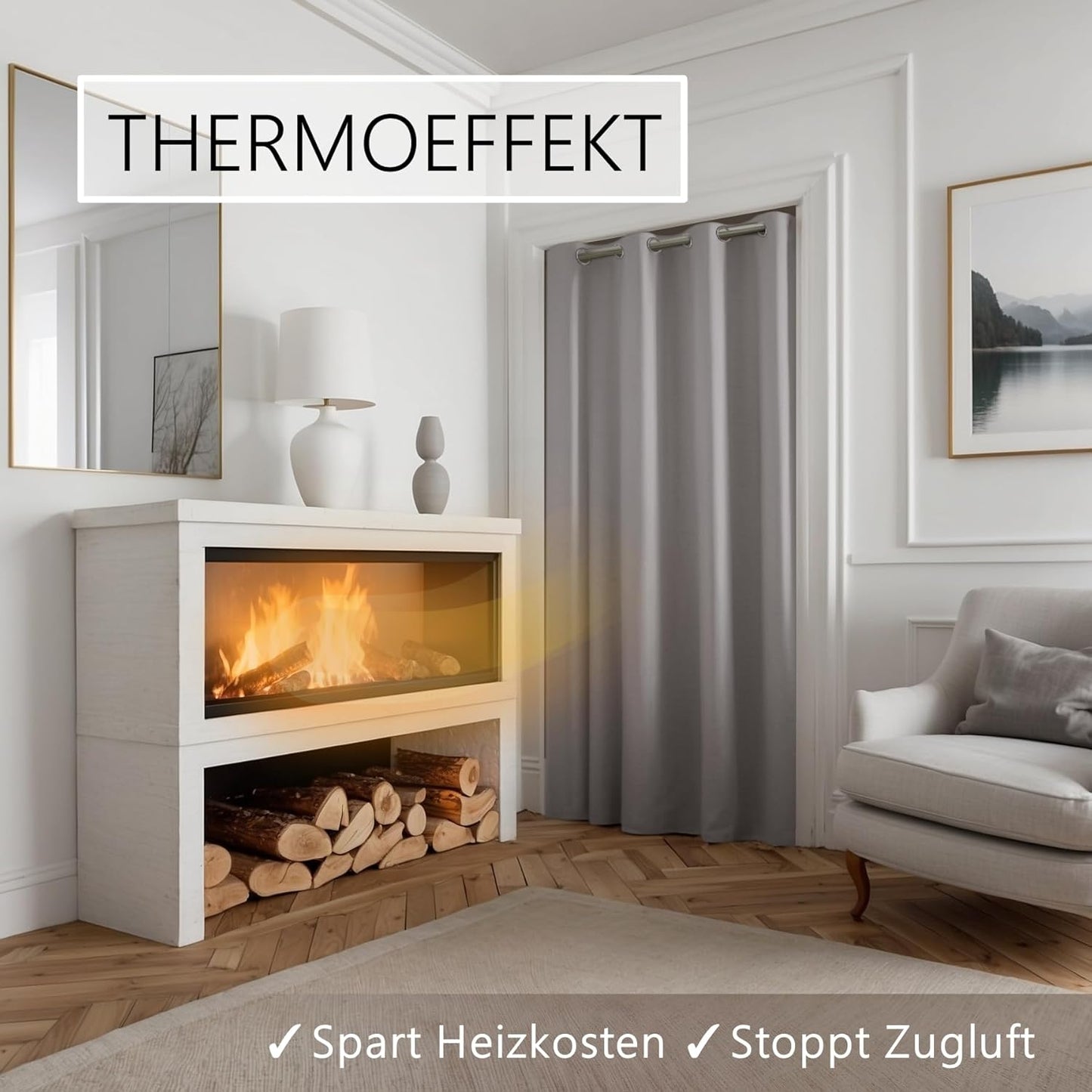 Türvorhang mit Teleskopstange, Vorhang 200 x 150 cm (HxB); Stange 55-90 cm Türvorhang Hellgrau + Stange Silber