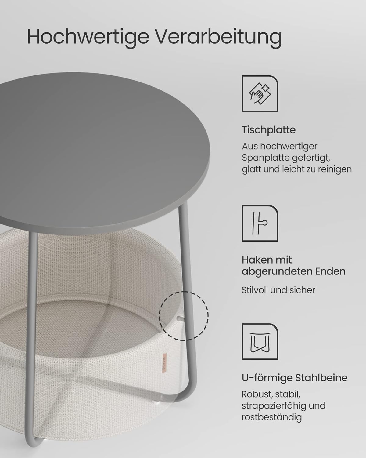 Kleiner runder Beistelltisch mit Stoffkorb, Zementgrau + Cremeweiss