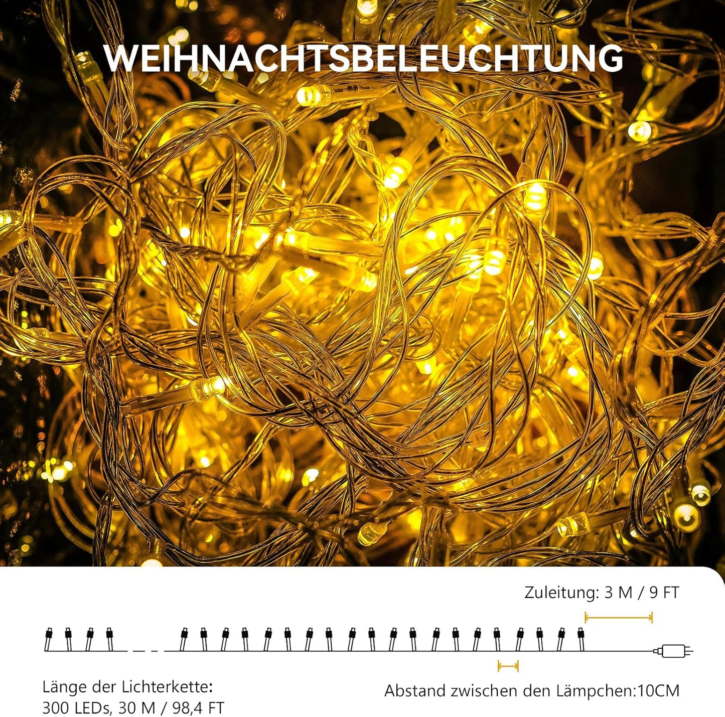 30m Lichterkette mit Timer, Warmweiß(transparent) 30M/300LED