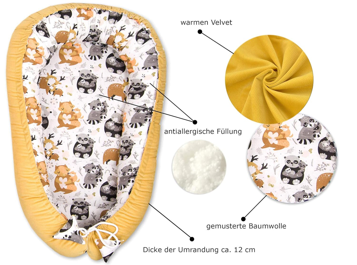 2-seitiges Babynest Mustard 55x90cm, Mustard