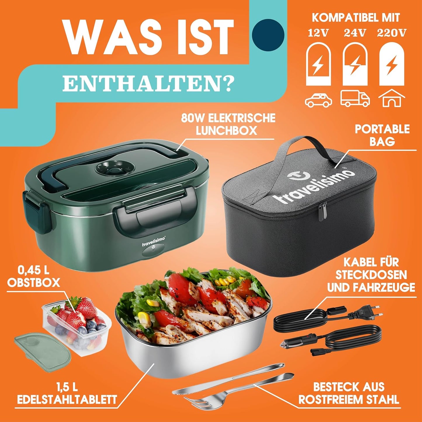 Elektrische 3-in-1 Lunchbox für Auto und Arbeit, Dunkelgrün