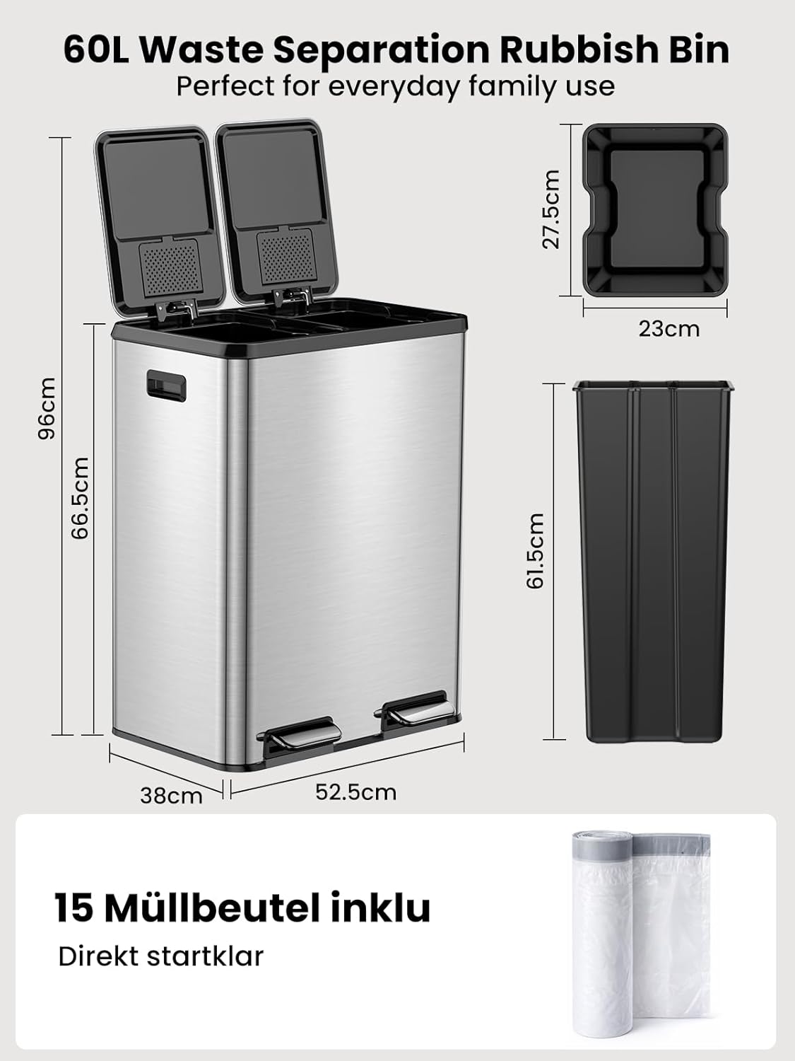 Treteimer mit Softclose Deckel, Silber 60L