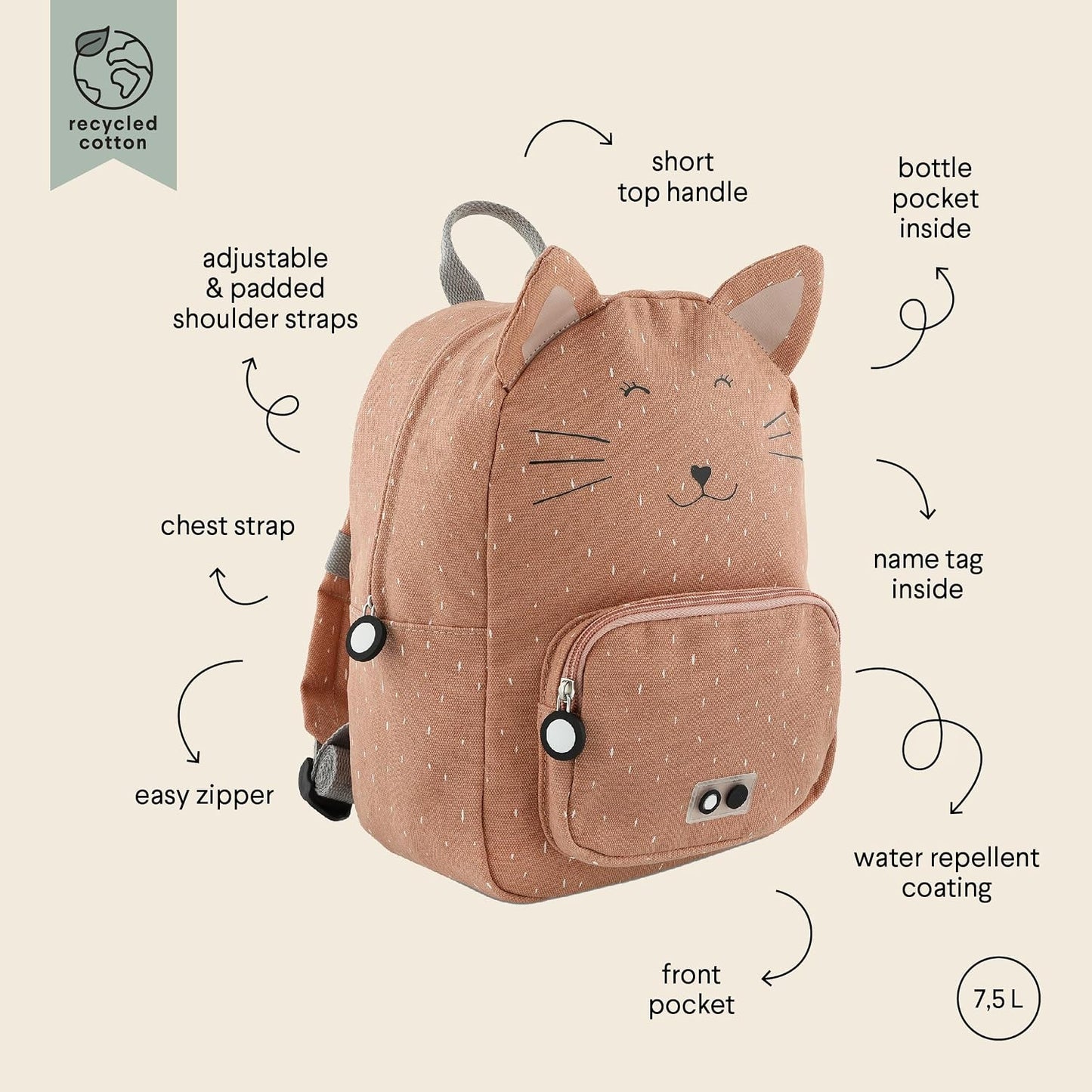 Kinderrucksack mit Katzenmotiv, Dunkelrosa Mrs Cat