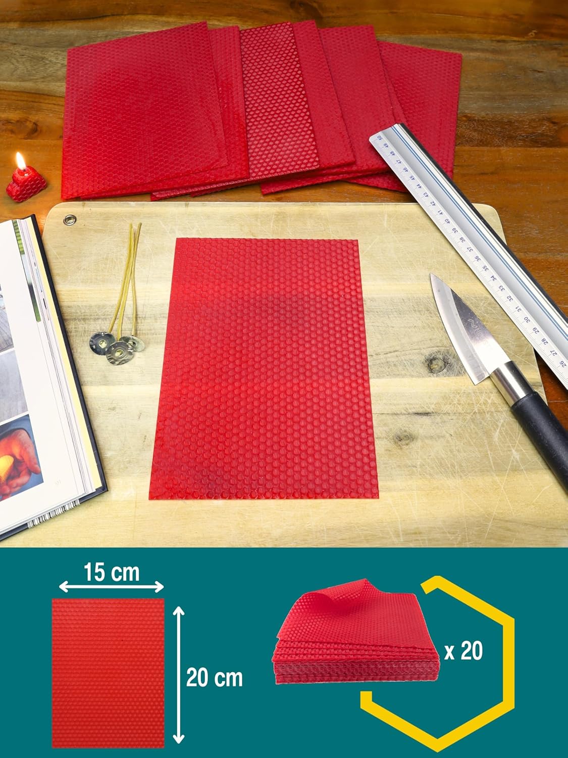 20er Set Bienenwachsplatten für Kerzenherstellung, Rot | 20 x 15 cm