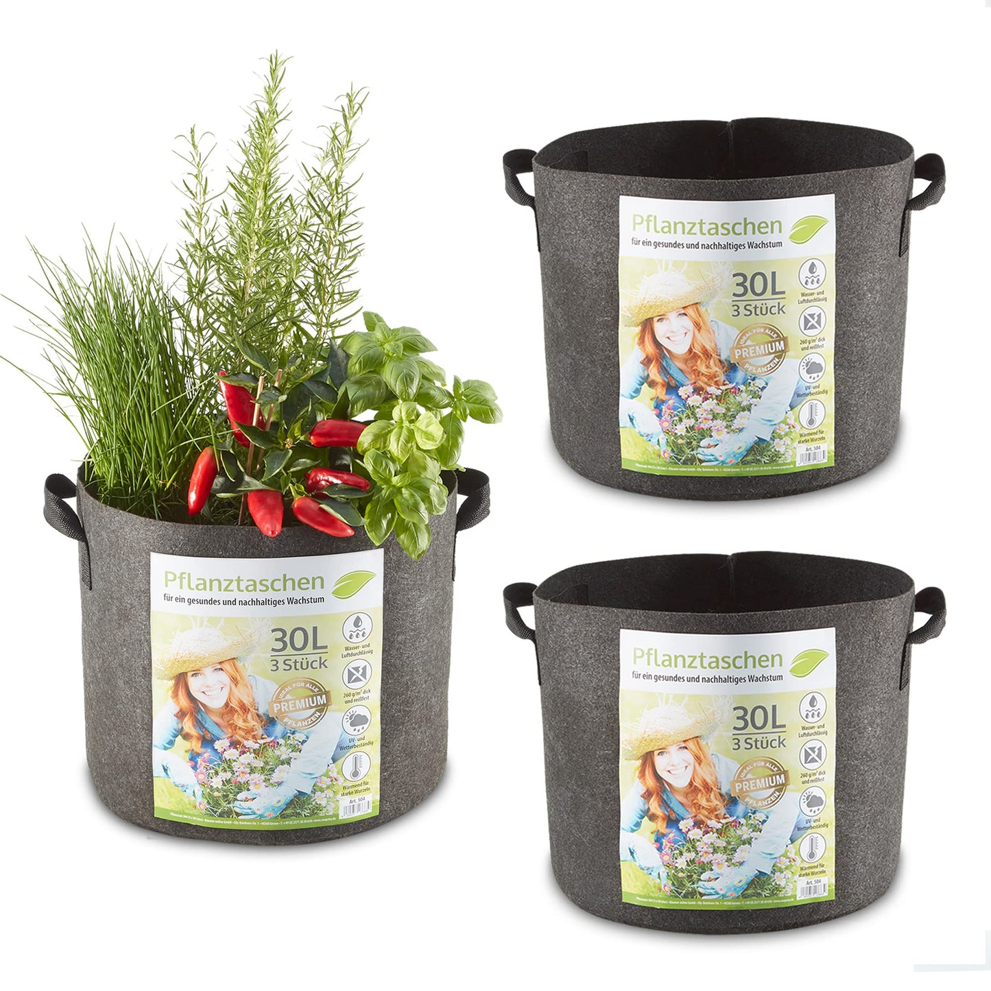 Pflanzsäcke-Set aus Vlies, 3 Stück x 30 Liter + 3 Stück x 60 Liter