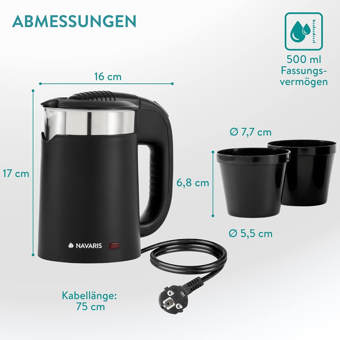 Reisewasserkocher mit Trinkbechern (0,5 Liter), Schwarz