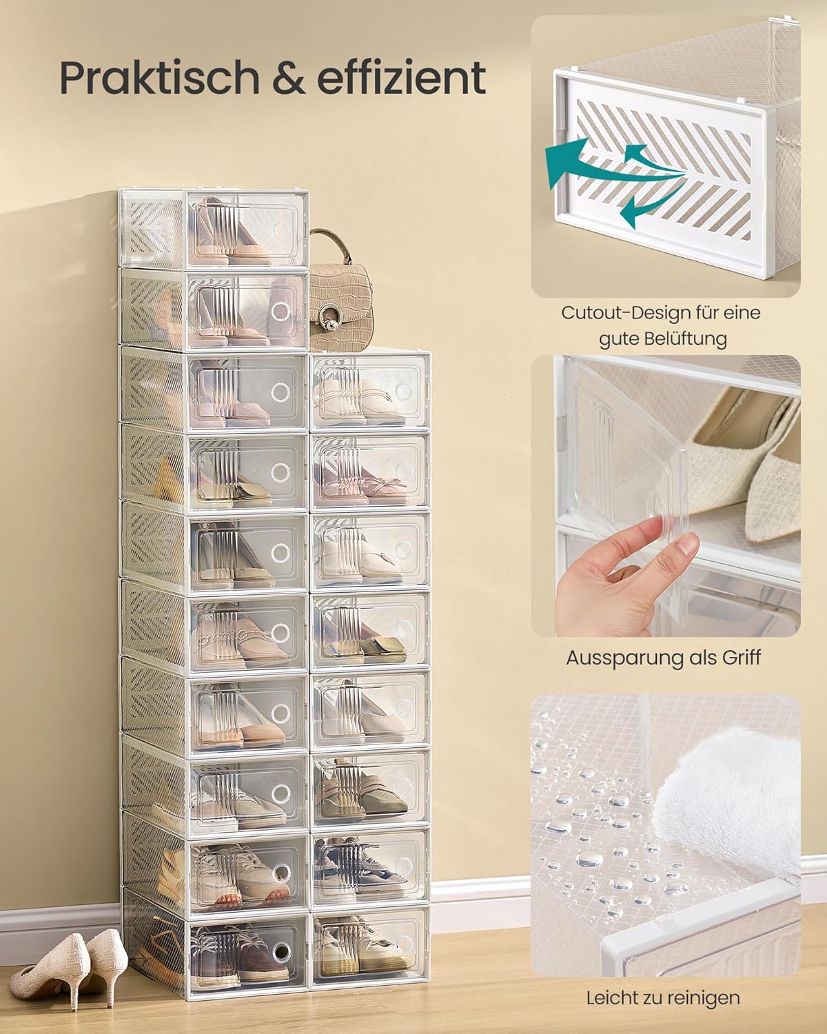 Schuhaufbewahrungsboxen-Set (18er, stapelbar), 18er Set Transparent + Weiss