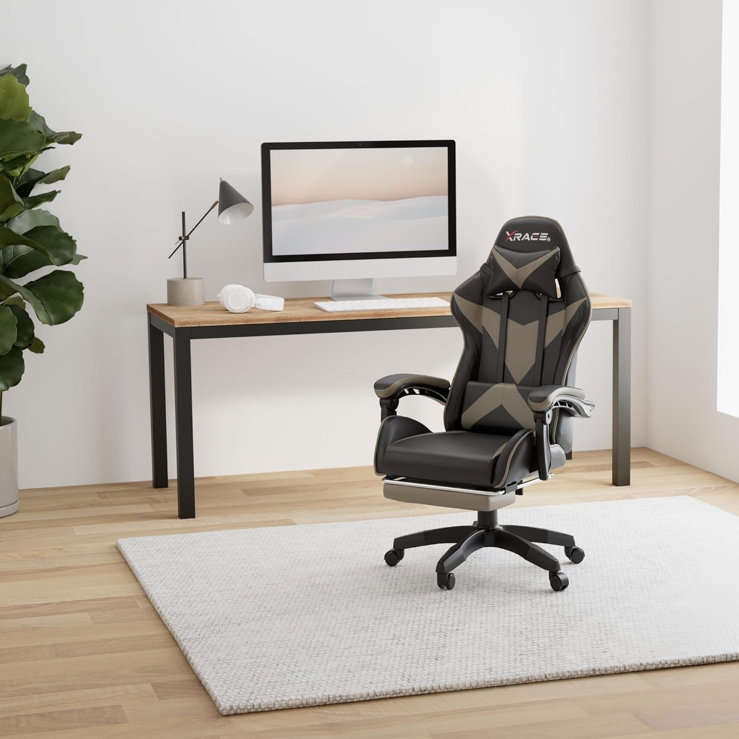 Ergonomischer Gaming-Stuhl mit Lendenwirbelstütze und Fussstütze, Grau