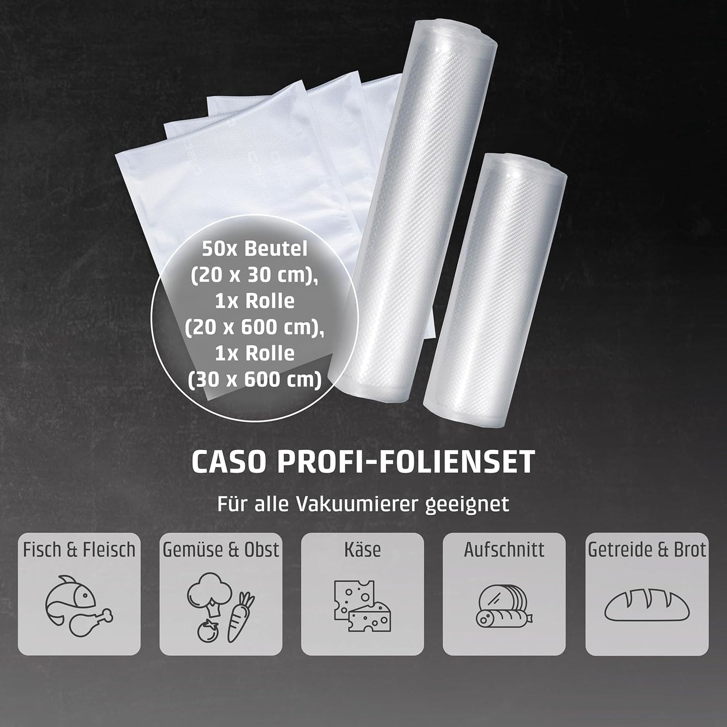 Profi-Vakuumfolien-Set (50 Beutel, 2 Rollen), Set 1 50 Beutel 20x30 cm + 1 Rolle 20x600 cm + 1 Rolle 30x600 cm