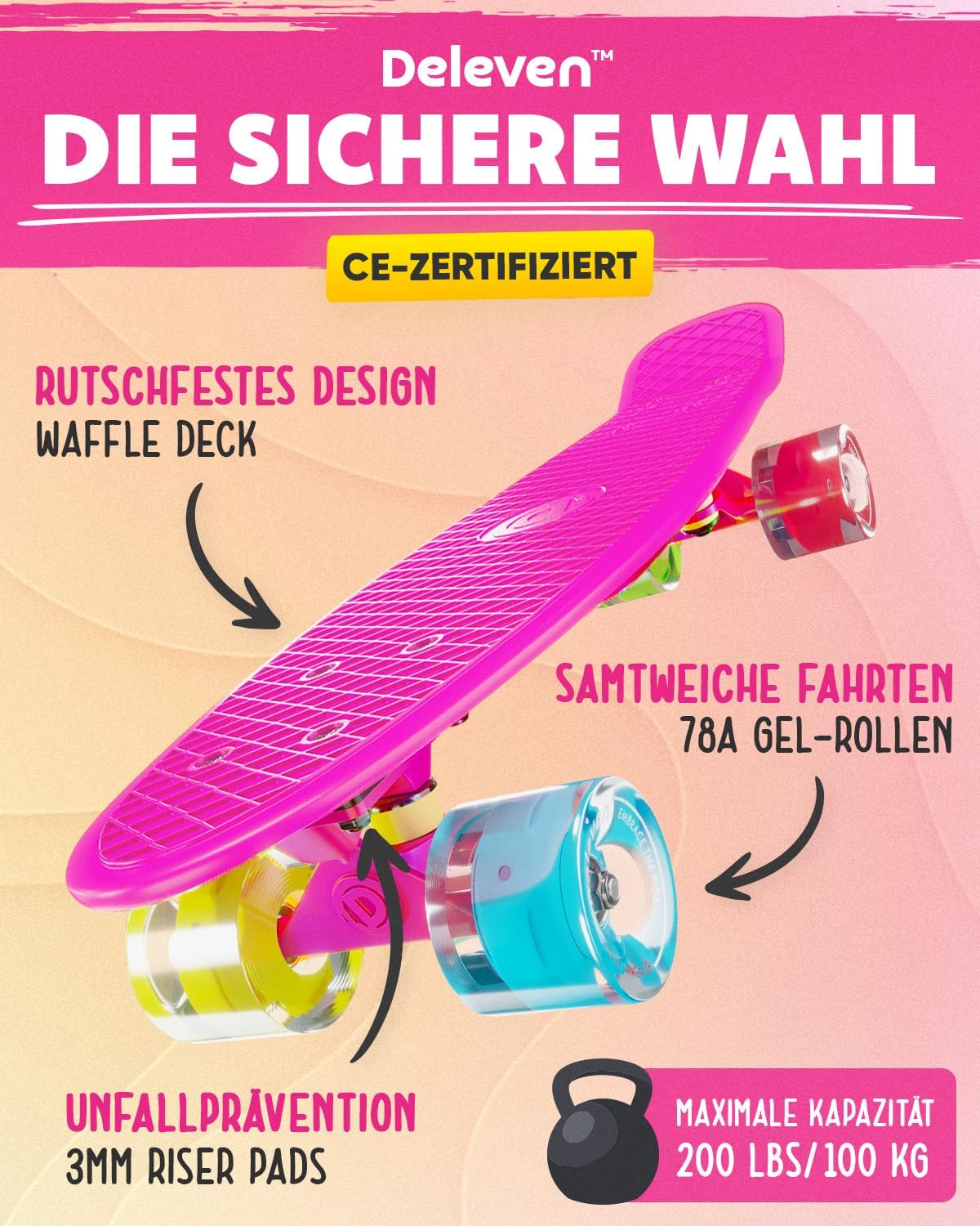 Skateboard mit LED-Rollen für Anfänger, 10 LED Rosa