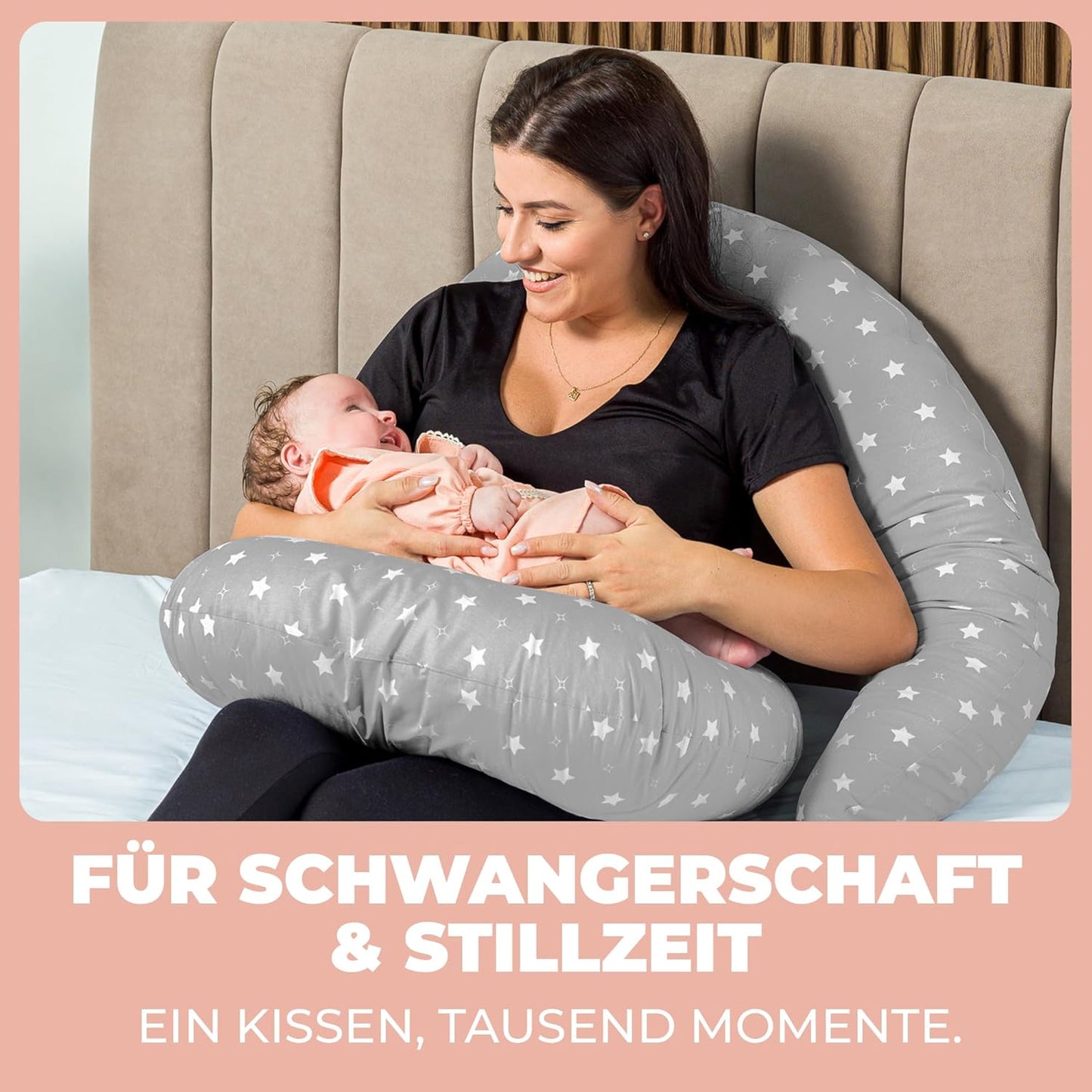Still- und Schwangerschaftskissen XXL, Stillkissen XXL Grau mit Weissen Sternen