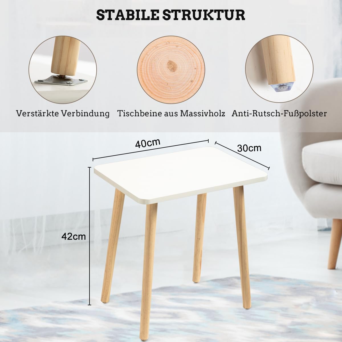 Beistelltisch für Wohnzimmer & Schlafzimmer, Weiss