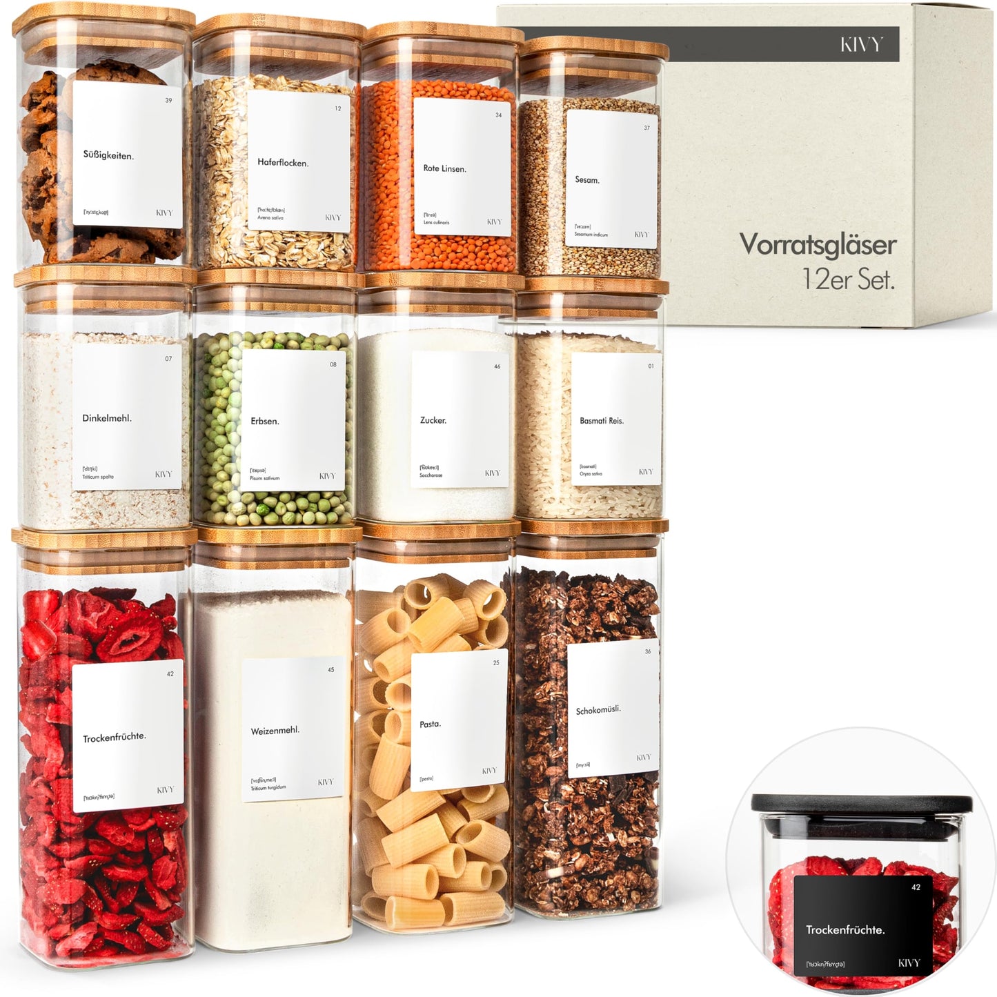 12er-Set Vorratsgläser mit Etiketten, Bambus 12er Set