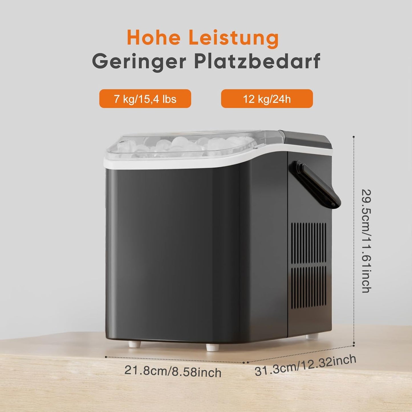 Eiswürfelmaschine mit Tragegriff, selbstreinigend, Schwarz