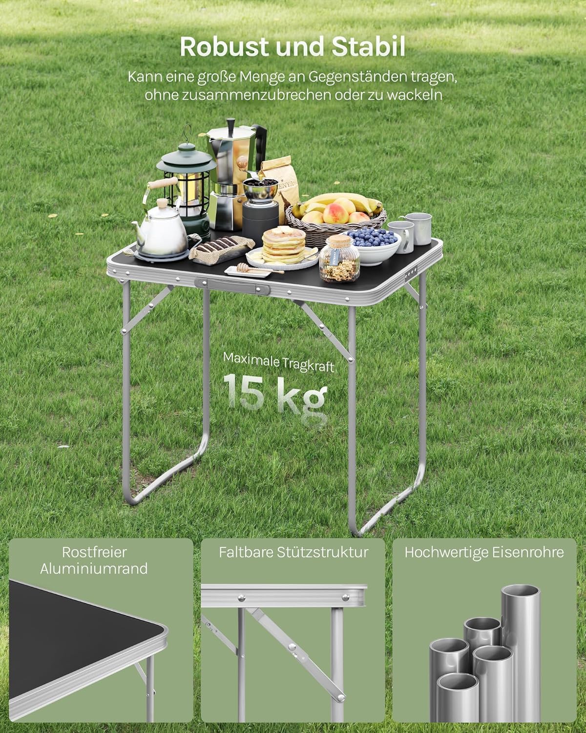 Klapptisch Campingtisch, Schwarz 70D x 50W x 60H cm