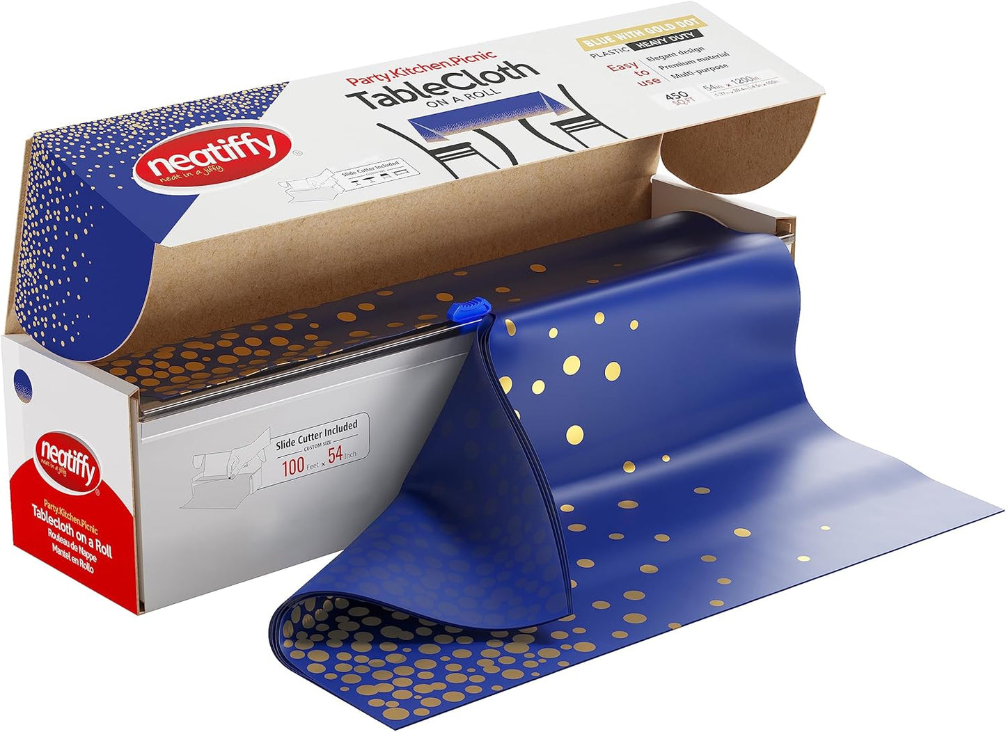 Tischtuchrolle mit Gleitschneider, Blaue Gold Punkte