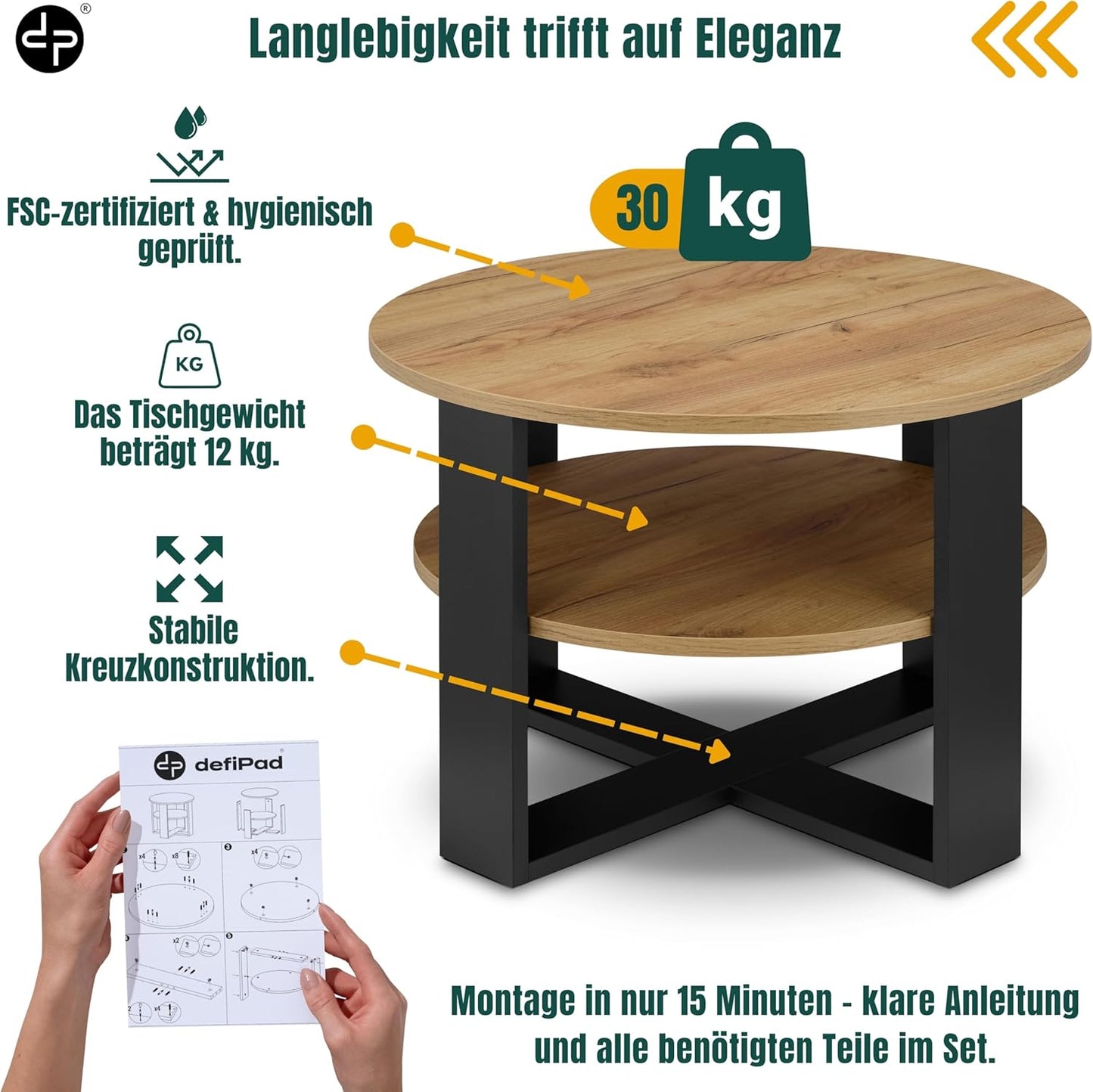 Runder Couchtisch mit Ablage, Schwarz & Eiche Durchmesser: 68CM