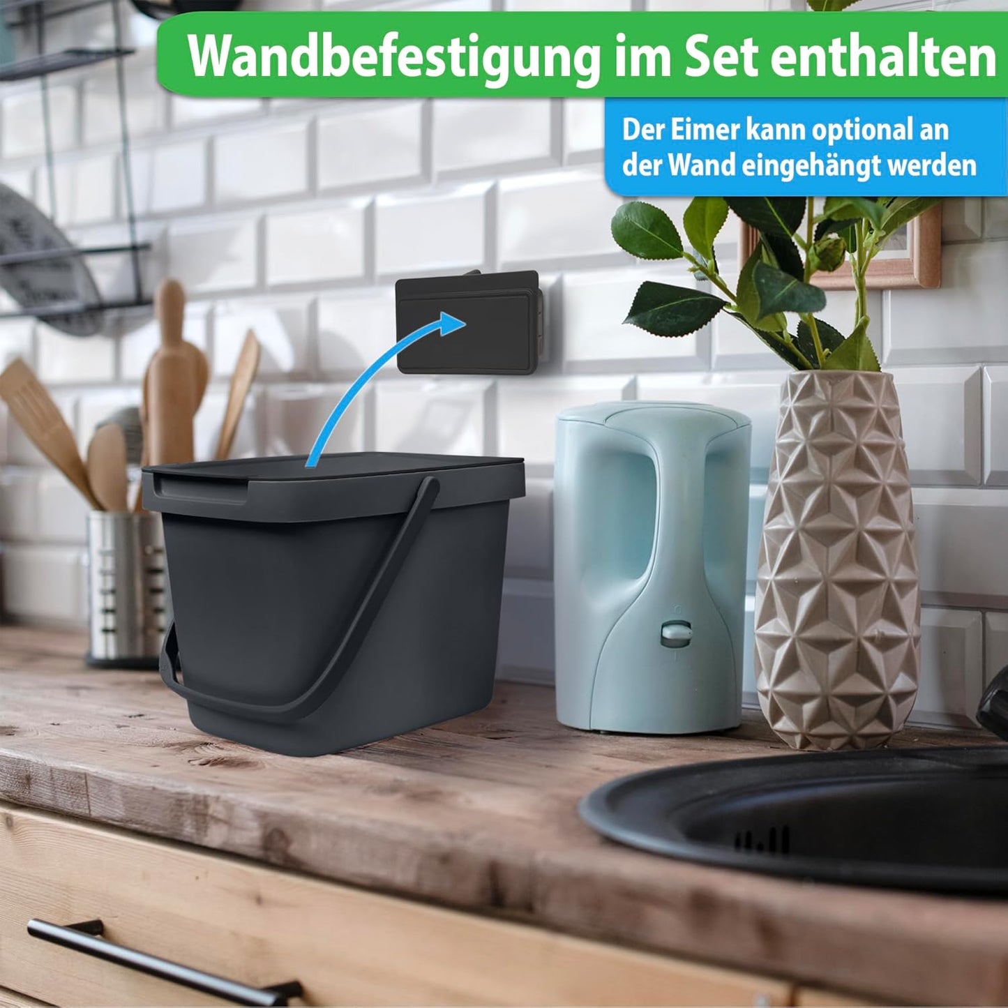 2 x Biomülleimer mit Deckel und Wandaufhängung, Anthrazit 2 Stk