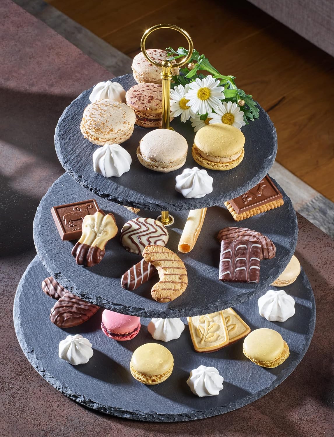 3-stöckige Etagere aus Naturschiefer mit Metallgriff, 3-Stöckig Gold-edition