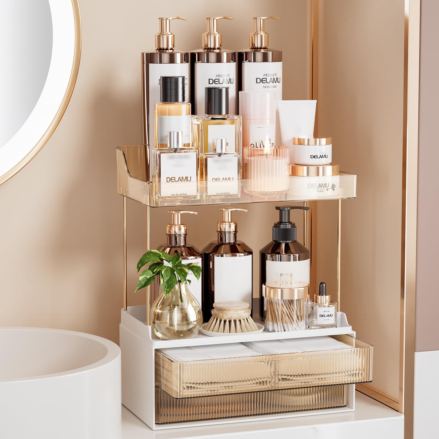 Make-up Organizer mit Schubladen und 2 Etagen, Bernstein