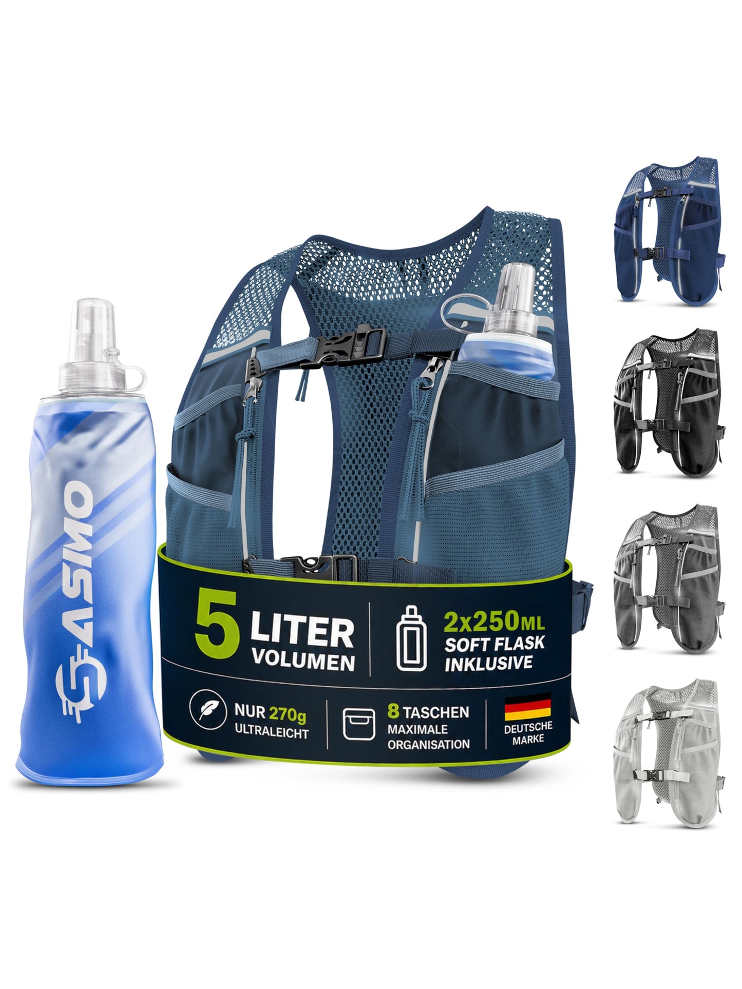 Trinkweste mit 8 Taschen, 5L - blau - mit 2x250ml 5L