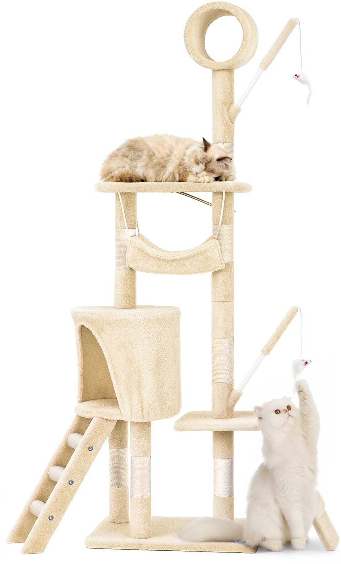 Mehrstöckiger Katzenkratzbaum mit Hängematte und Höhle, Beige 49x35x155cm