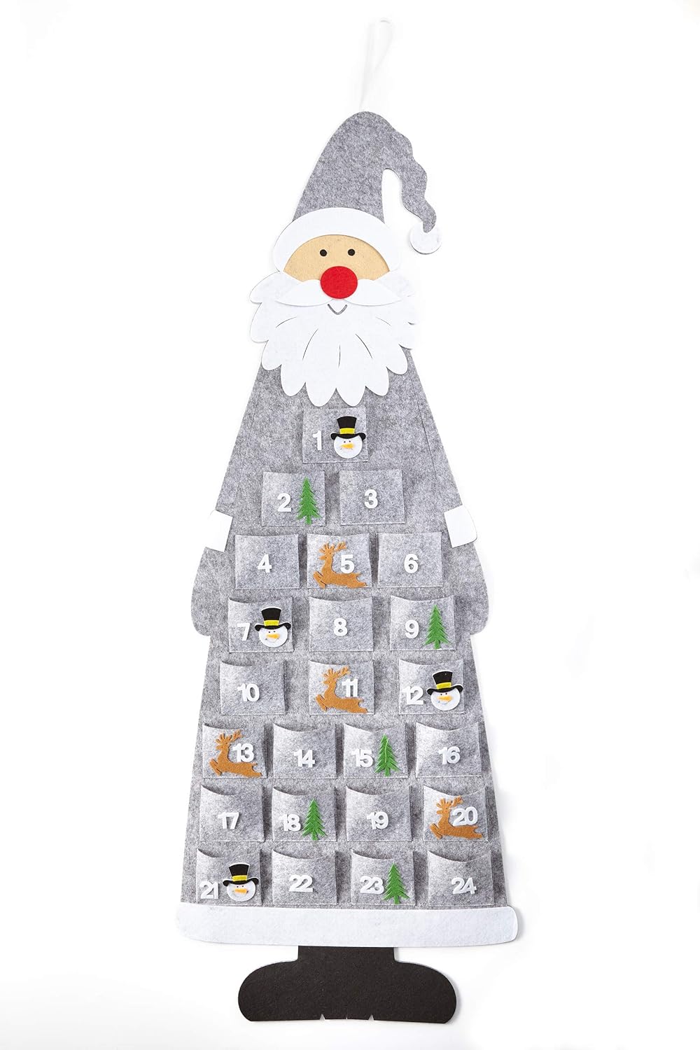 Filz-Adventskalender Santa zum Befüllen und Aufhängen, Grau/Weiss